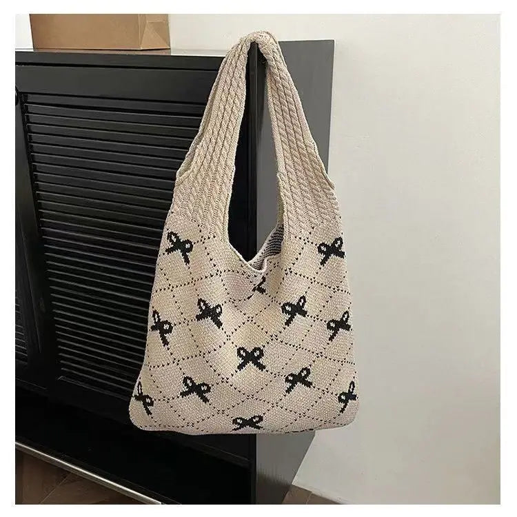Bow High Sense Light Luxury Minority Shoulder Bag Casual Knitted Woven Bag Angel Wishes