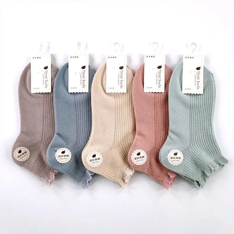 Women's Double Needle Solid Color Cotton Short Ankle Socks Angel Wishes