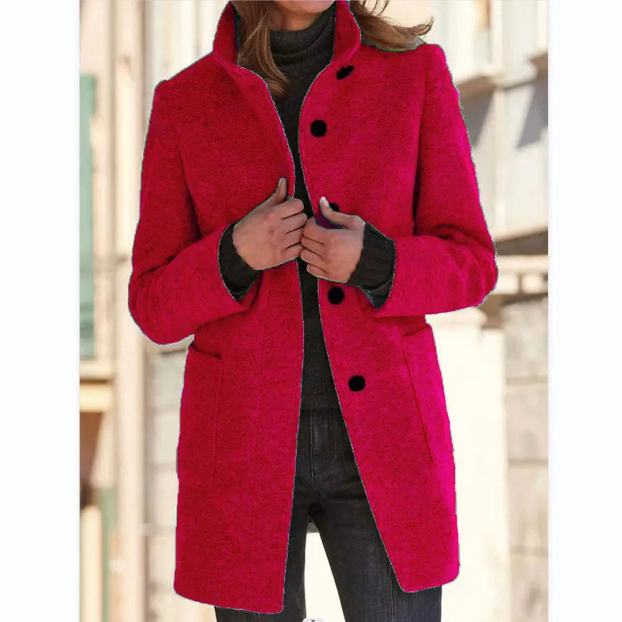 Fashion Stand Collar Woolen Coat With Pockets Fall Winter Casual Button Outwear For Women Clothing Angel Wishes