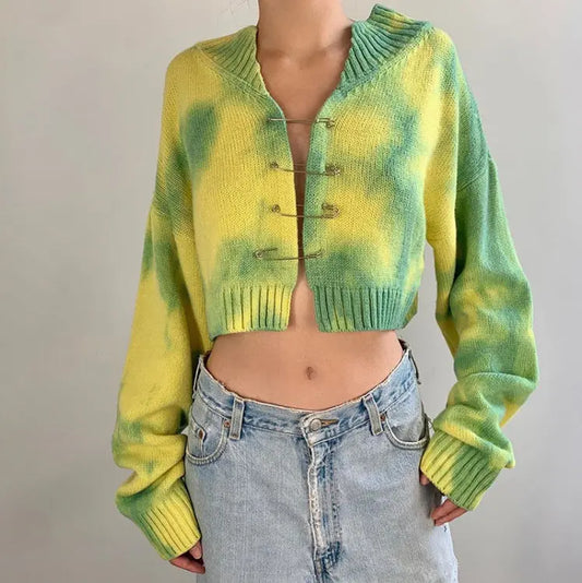 Tie-dye Pin Buckle Design Knitted Sweater Angel Wishes