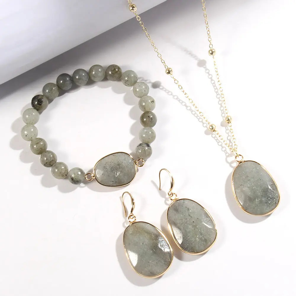 Gold Chain Necklace Natural Stone Bracelet Earrings Women's Jewelry Set Angel Wishes