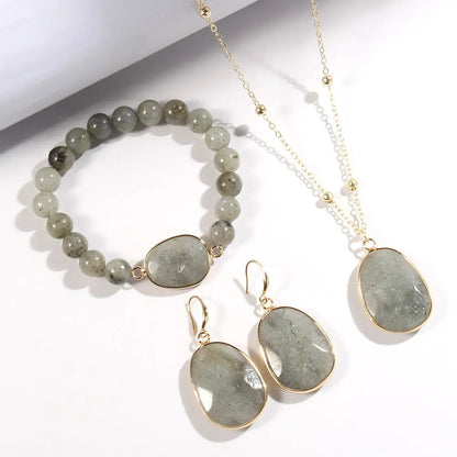 Gold Chain Necklace Natural Stone Bracelet Earrings Women's Jewelry Set Angel Wishes
