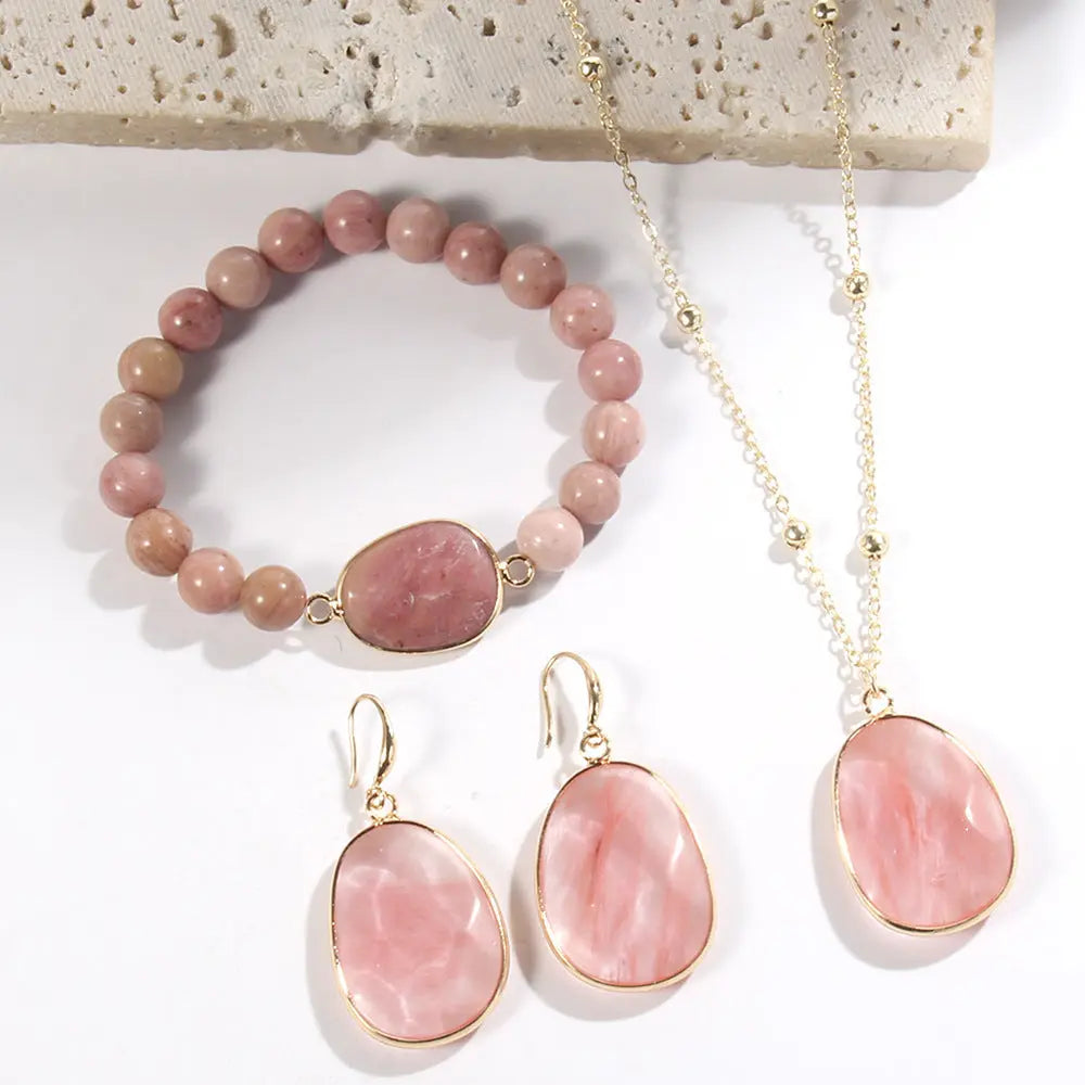 Gold Chain Necklace Natural Stone Bracelet Earrings Women's Jewelry Set Angel Wishes