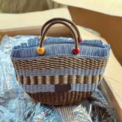 Picnic Basket Tassel Wooden Bead Decorative Cute Handbag Hand Woven Angel Wishes