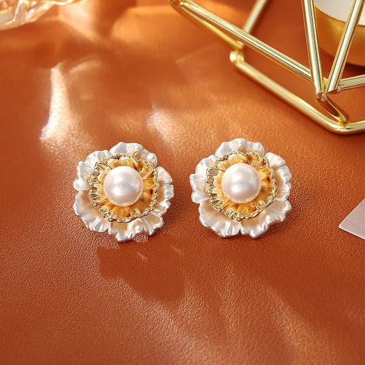 High-grade Pleated Flower Pearl Stud Earrings Fashionable Elegant Light Luxury Angel Wishes
