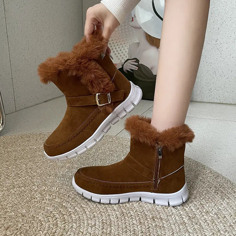 New Snow Boots Winter Warm Thickened Solid Color Plush Ankle Boots With Buckle Design Plus Velvet Flat Shoes For Women Angel Wishes