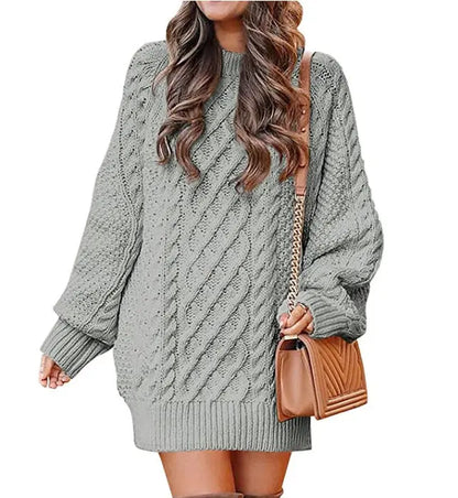 Women's Round Neck Long Sleeve Twisted Knitted Mid-length Dress Sweater Angel Wishes