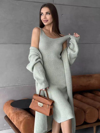 2pcs Knitted Suit Fashion Slim Sleeveless Long Dress And Casual Loose Cardigan Spring Fall Women's Clothing Angel Wishes