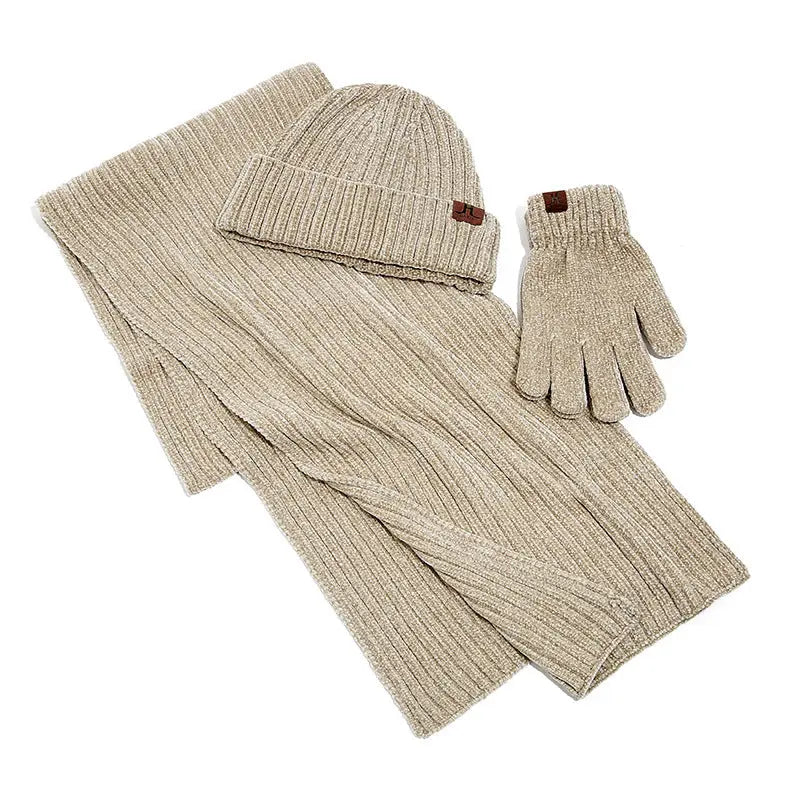 Three Piece Set Of Solid Color Ribbed Knitted Warm Scarf Hat And Gloves Angel Wishes