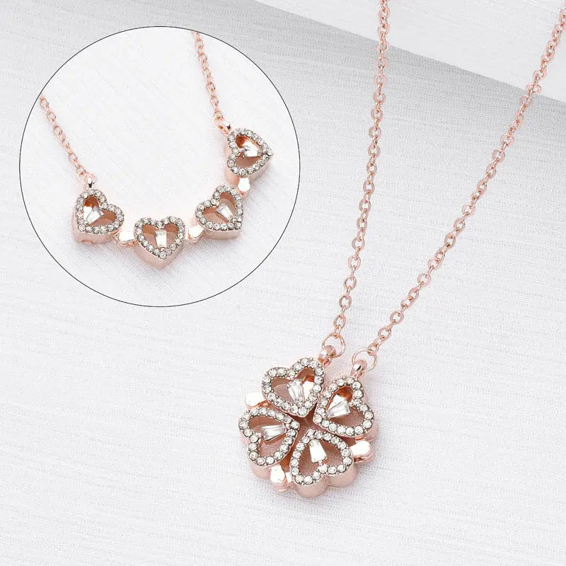 Retro Magnetic Folding Heart Shaped Four Leaf Clover Pendant Necklace Love Clavicle Chain Angel Wishes