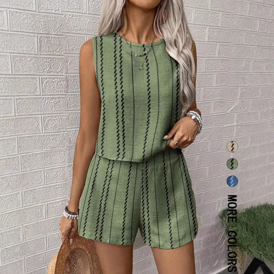 Casual Craft Stripe Printing Sleeveless Tank Top Shorts Suit Angel Wishes