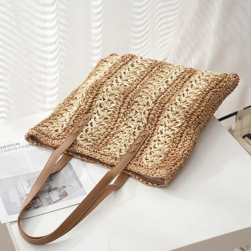 Fashionable Woven Stripe Straw Bag - Angel Wishes