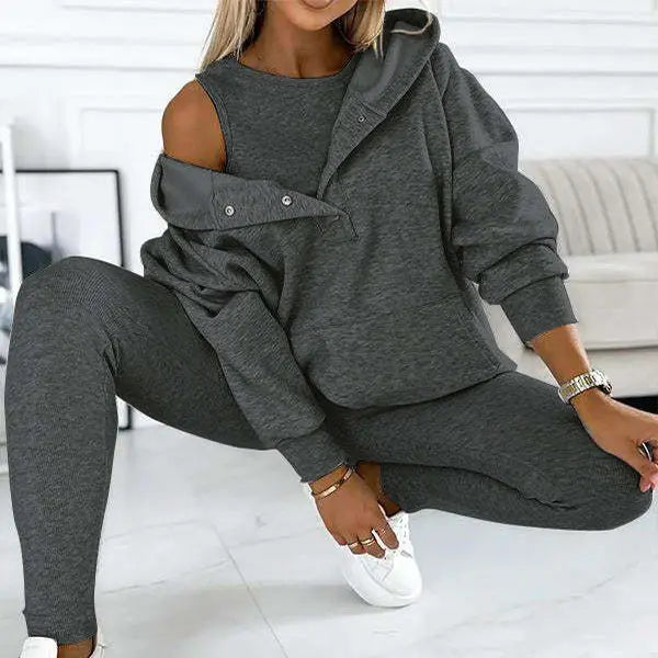 3pcs Women's Sports Suit Loose Hooded Pockets Sweatshirt And Vest And Slim Trousers Angel Wishes