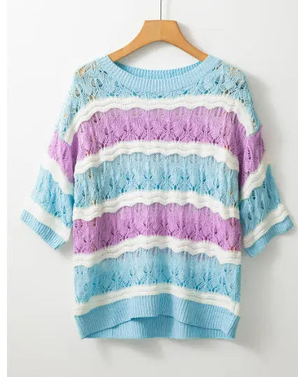 Purple Stripe Color Block Hollow Out Crochet Half Sleeve Sweater Angel Wishes