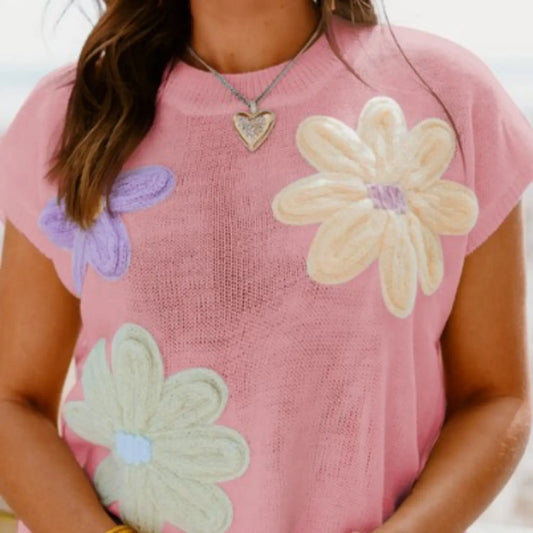 Multi Colored Crochet Flower Knitted Short Sleeved Shirt Angel Wishes