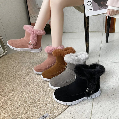 New Snow Boots Winter Warm Thickened Solid Color Plush Ankle Boots With Buckle Design Plus Velvet Flat Shoes For Women Angel Wishes