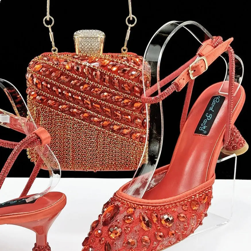 Large Rhinestone High Heel Sandals Three-dimensional Tassel Handbag Set Angel Wishes