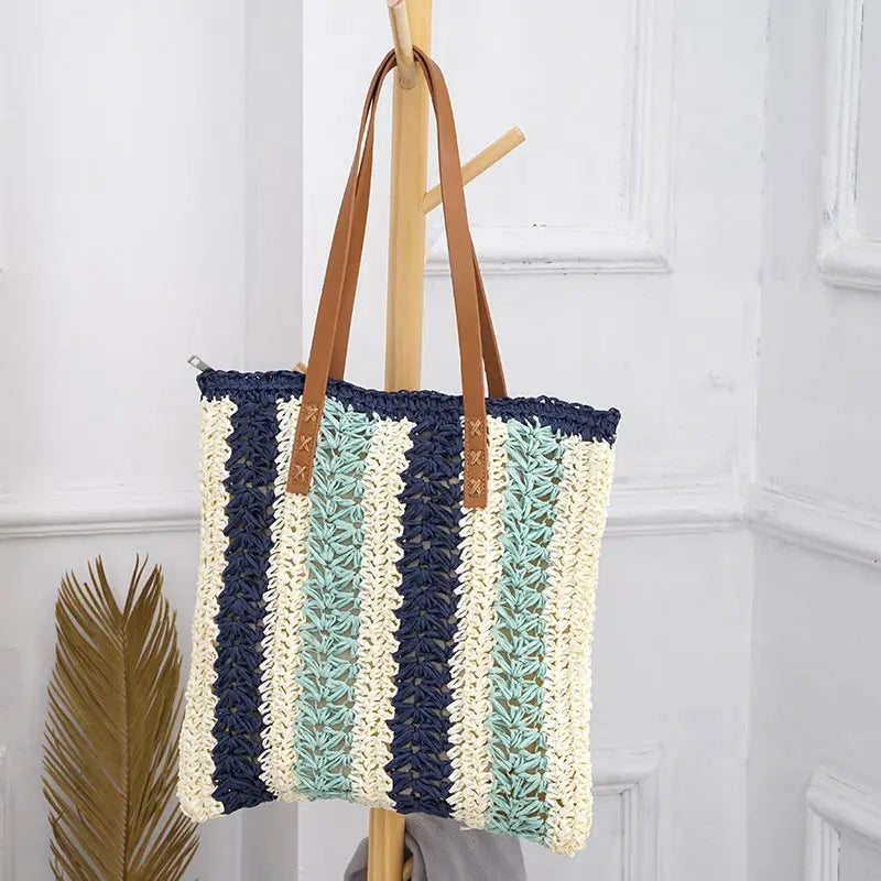 Fashionable Woven Stripe Straw Bag - Angel Wishes