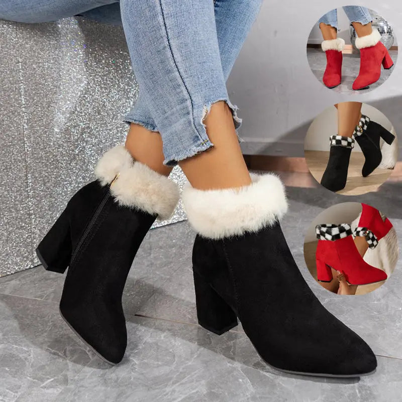 New Plaid Print Plush Ankle Boots Winter Fashoin Square Heel Suede Boots Women Casual Versatile Shoes Autumn And Winter Angel Wishes