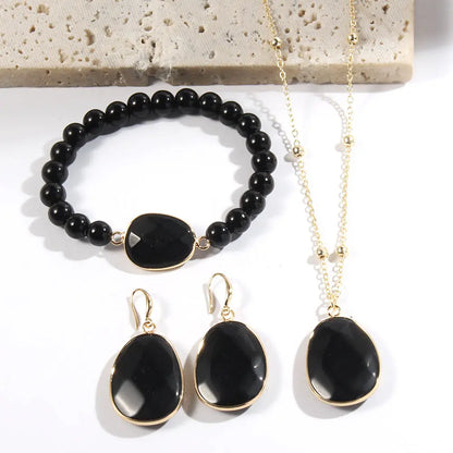 Gold Chain Necklace Natural Stone Bracelet Earrings Women's Jewelry Set Angel Wishes