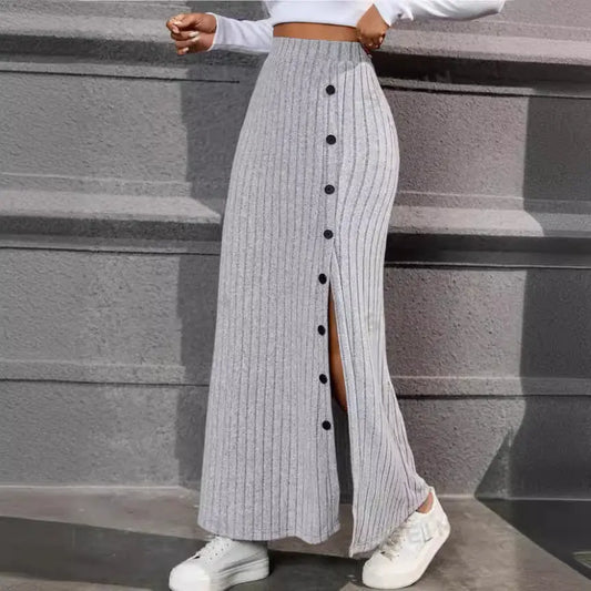 Women Knitted Dress Sunken Stripe Slit Fastener Decoration Sheath Skirt Angel Wishes