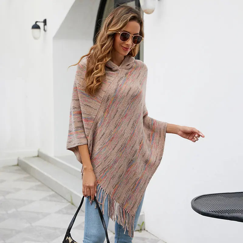 Hooded Striped Tassel Cape And Shawl Women Angel Wishes