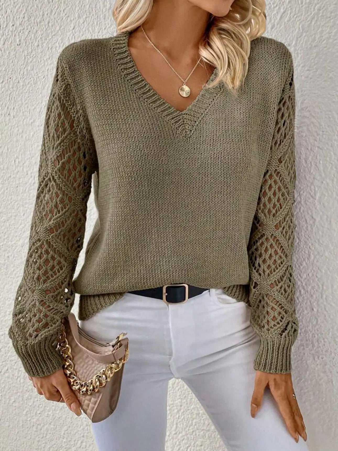 Stylish V-neck Pullover Sweater With Hollow Long Sleeve Angel Wishes