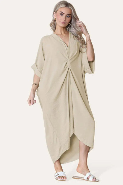 Womens V-Neck Tie Knotted Twisted Front Oversized Longline Midi Dress Angel Wishes