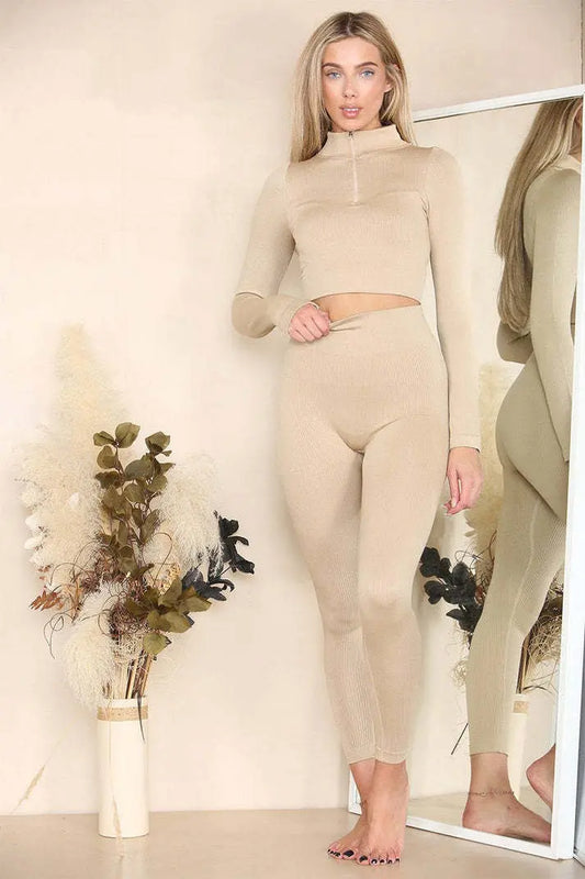 Ribbed Tracksuit Two Piece Set With Half Zip Detail Gym Loungewear Angel Wishes