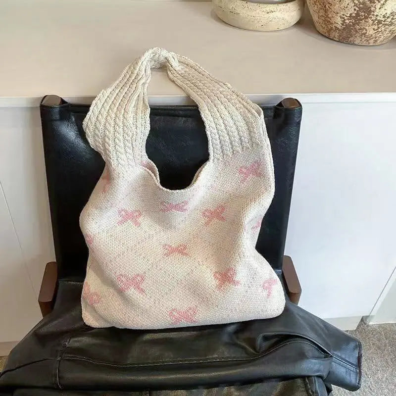 Bow High Sense Light Luxury Minority Shoulder Bag Casual Knitted Woven Bag Angel Wishes