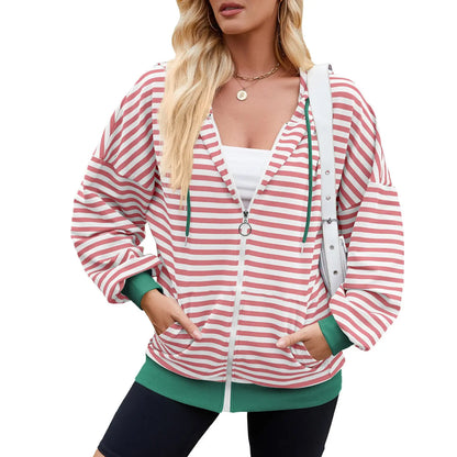 Striped Zipper Hooded Sweatshirt Fashion Loose Pockets Long-sleeved Jacket For Women Tops Angel Wishes