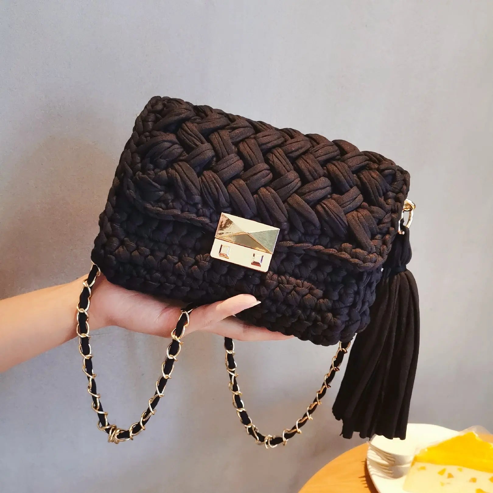Hand-knitted One-shoulder Cross-body Bag With Wool Cloth Strips Angel Wishes
