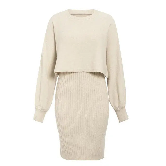 2pcs Knitted Dress Suit Fashion Solid Color Pullover Lantern-sleeved Sweater Fall Winter Women's Clothing Angel Wishes