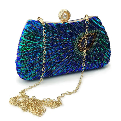 Beaded Peacock Feather Pearl Rhinestone Clutch Bag Angel Wishes