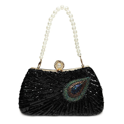 Beaded Peacock Feather Pearl Rhinestone Clutch Bag Angel Wishes