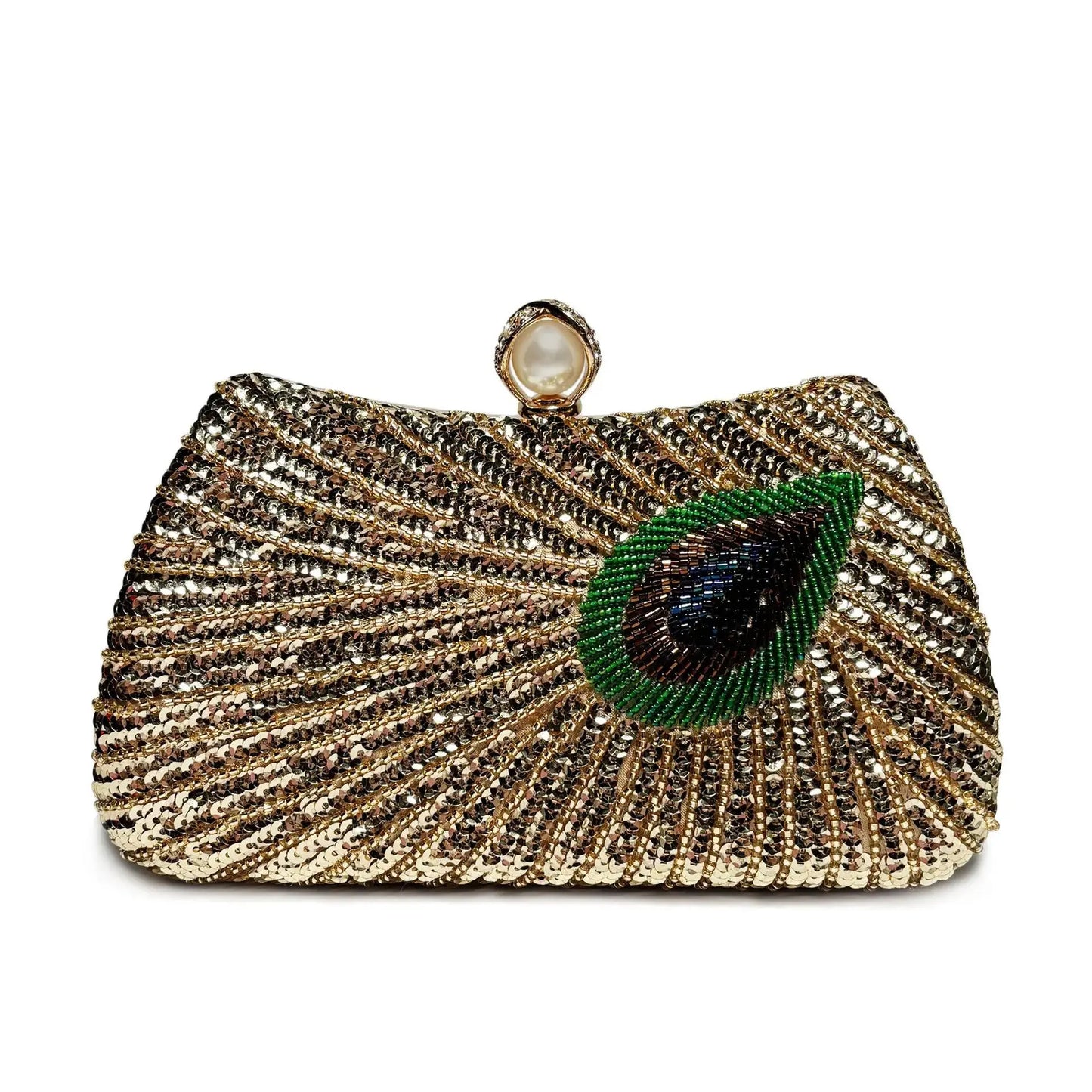 Beaded Peacock Feather Pearl Rhinestone Clutch Bag Angel Wishes