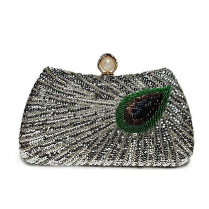 Beaded Peacock Feather Pearl Rhinestone Clutch Bag Angel Wishes