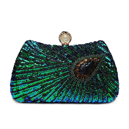 Beaded Peacock Feather Pearl Rhinestone Clutch Bag Angel Wishes