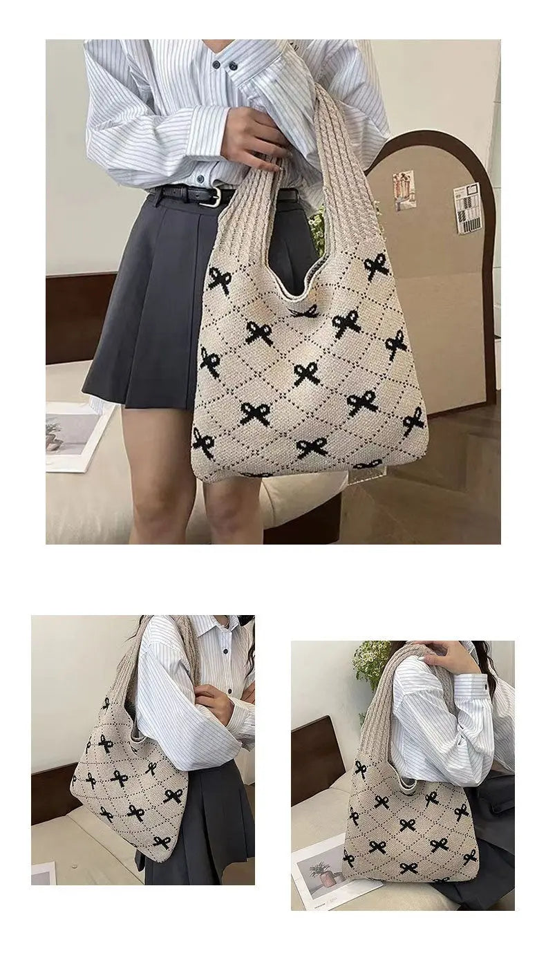 Bow High Sense Light Luxury Minority Shoulder Bag Casual Knitted Woven Bag Angel Wishes