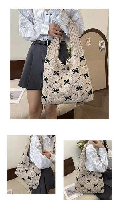 Bow High Sense Light Luxury Minority Shoulder Bag Casual Knitted Woven Bag Angel Wishes
