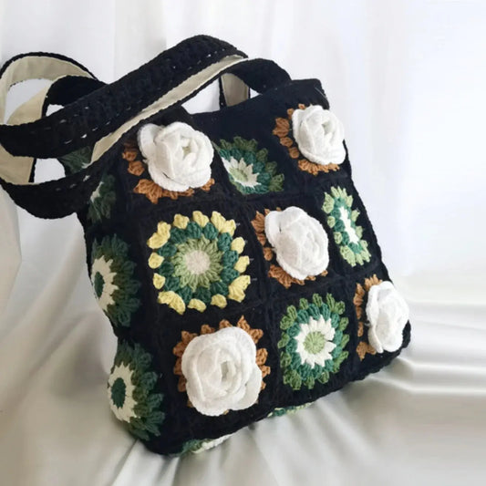 Black Wool Flower Shoulder Bag Angel Wishes