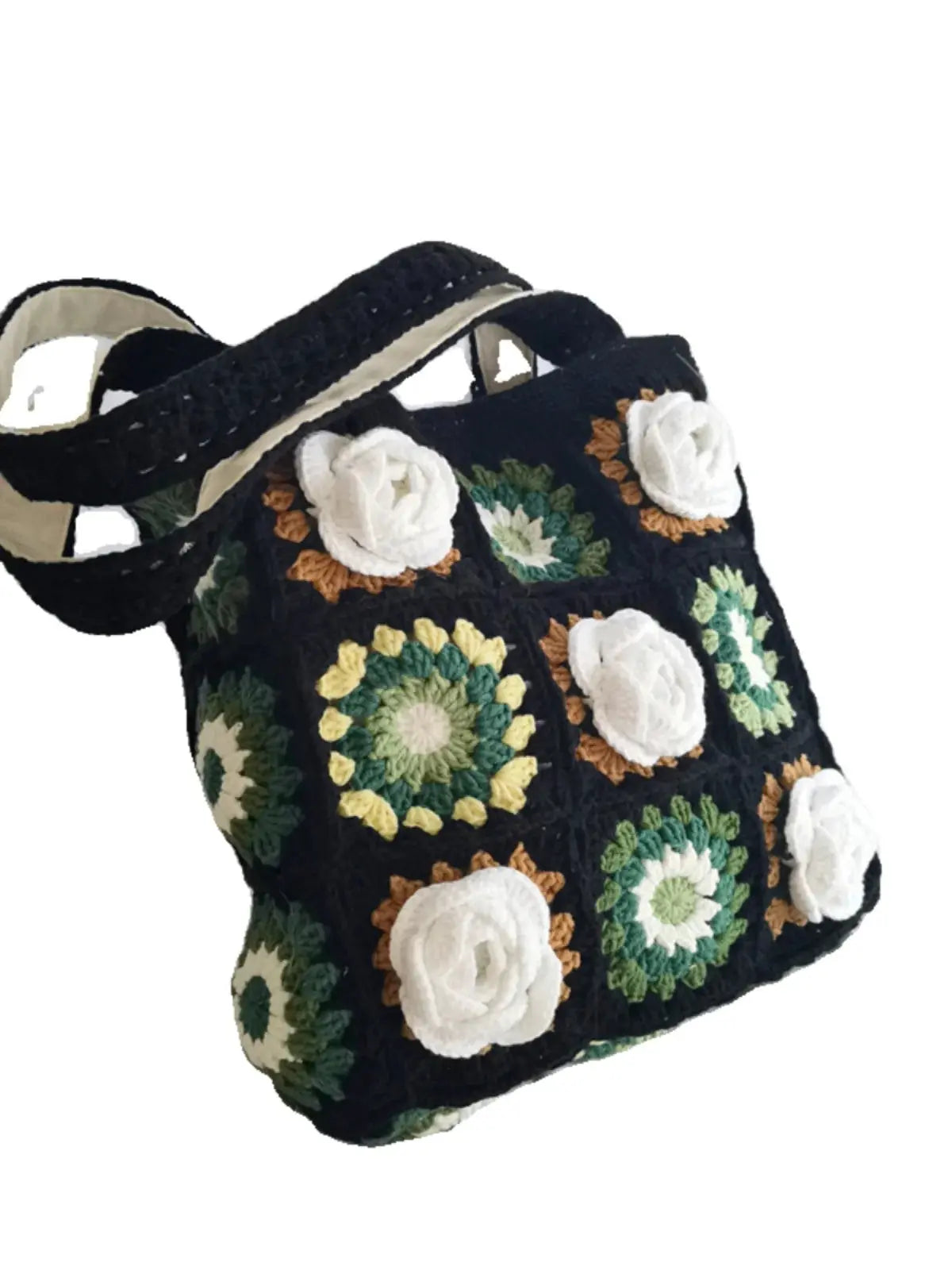 Black Wool Flower Shoulder Bag Angel Wishes