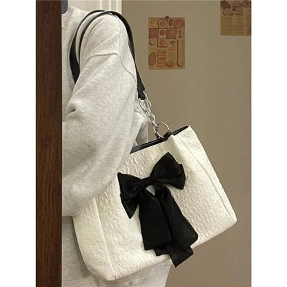 Bow Tote Large Capacity Canvas Shoulder Bag Angel Wishes