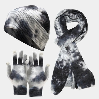 Tie-dye Knitted Hat Gloves Scarf Set Ladies Angel Wishes