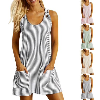 Summer Fashion Striped Patchwork Commuting U-Neck Sleeveless Pockets Back Button Casual Straight Slimming Mini Dress For Women Angel Wishes