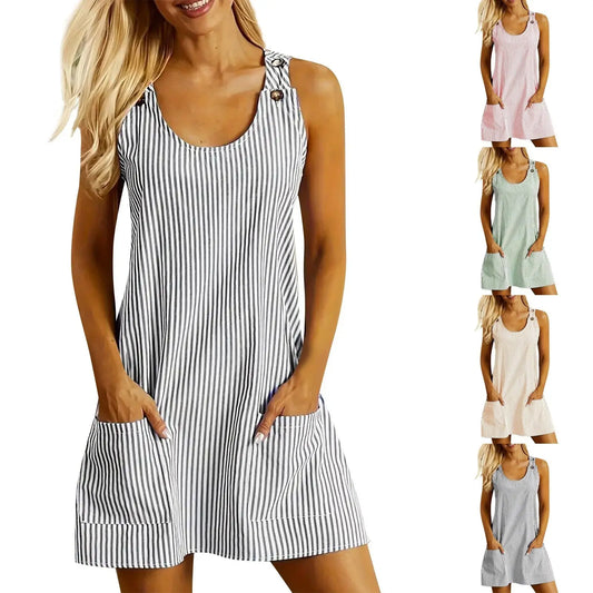Summer Fashion Striped Patchwork Commuting U-Neck Sleeveless Pockets Back Button Casual Straight Slimming Mini Dress For Women Angel Wishes