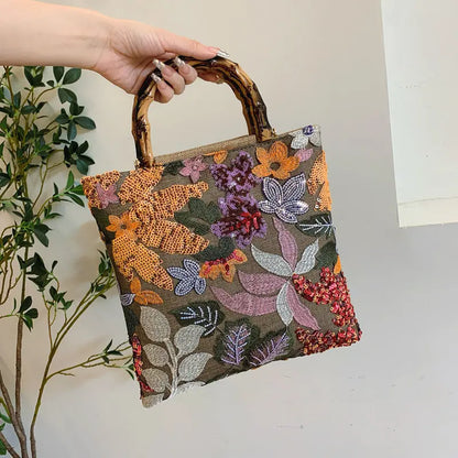 Colorful Sequins Vintage Embroidered Bamboo Handbag Angel Wishes