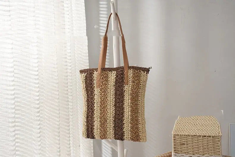 Fashionable Woven Stripe Straw Bag - Angel Wishes