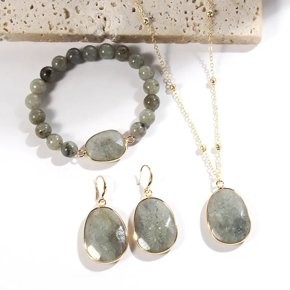 Gold Chain Necklace Natural Stone Bracelet Earrings Women's Jewelry Set Angel Wishes