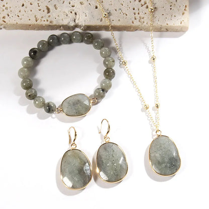 Gold Chain Necklace Natural Stone Bracelet Earrings Women's Jewelry Set Angel Wishes